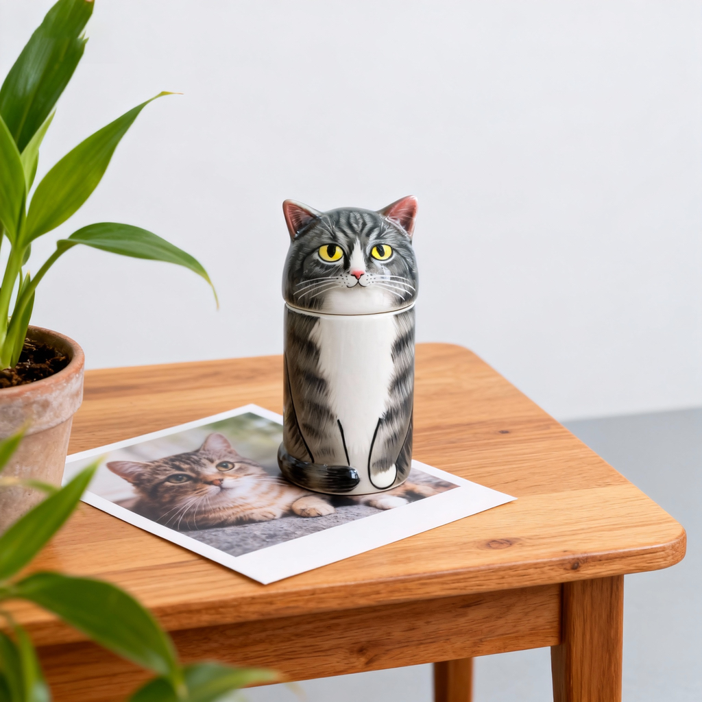 Custom Hand-Painted Tabby Cat Ceramic Pet Urn for Ashes - Personalized Memorial Keepsake with Pet Photo Customization, Dignified Cremation Urn for Small Cats, Home Decor Pet Resting Container