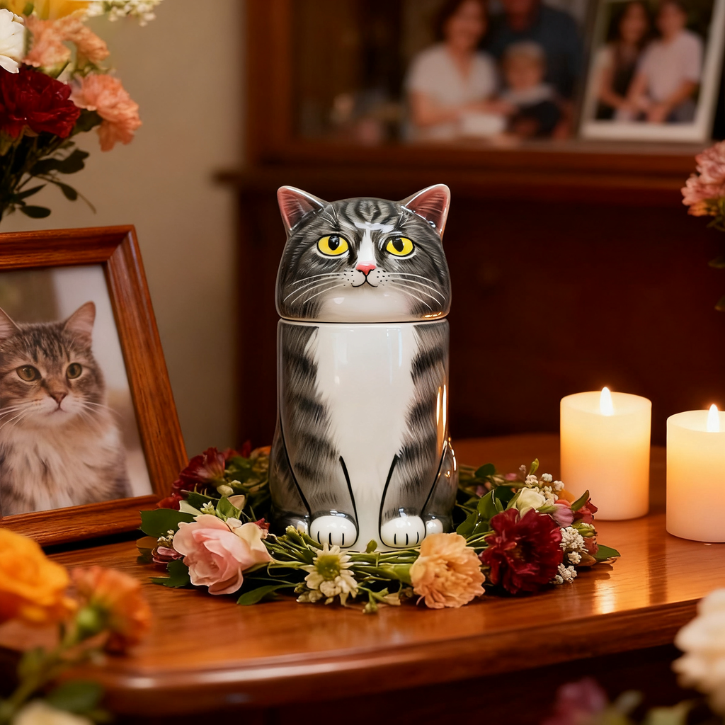 Custom Hand-Painted Tabby Cat Ceramic Pet Urn for Ashes - Personalized Memorial Keepsake with Pet Photo Customization, Dignified Cremation Urn for Small Cats, Home Decor Pet Resting Container