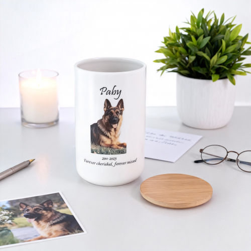 Custom Personalized Pet Urn for Ashes - Ceramic Memorial Urn with Custom Photo, Name & Date, Bamboo Lid Sealed Cremation Keepsake for Beloved Dogs/Cats