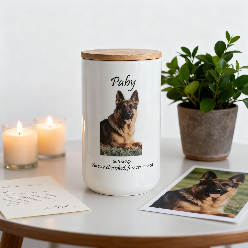 Custom Personalized Pet Urn for Ashes - Ceramic Memorial Urn with Custom Photo, Name & Date, Bamboo Lid Sealed Cremation Keepsake for Beloved Dogs/Cats