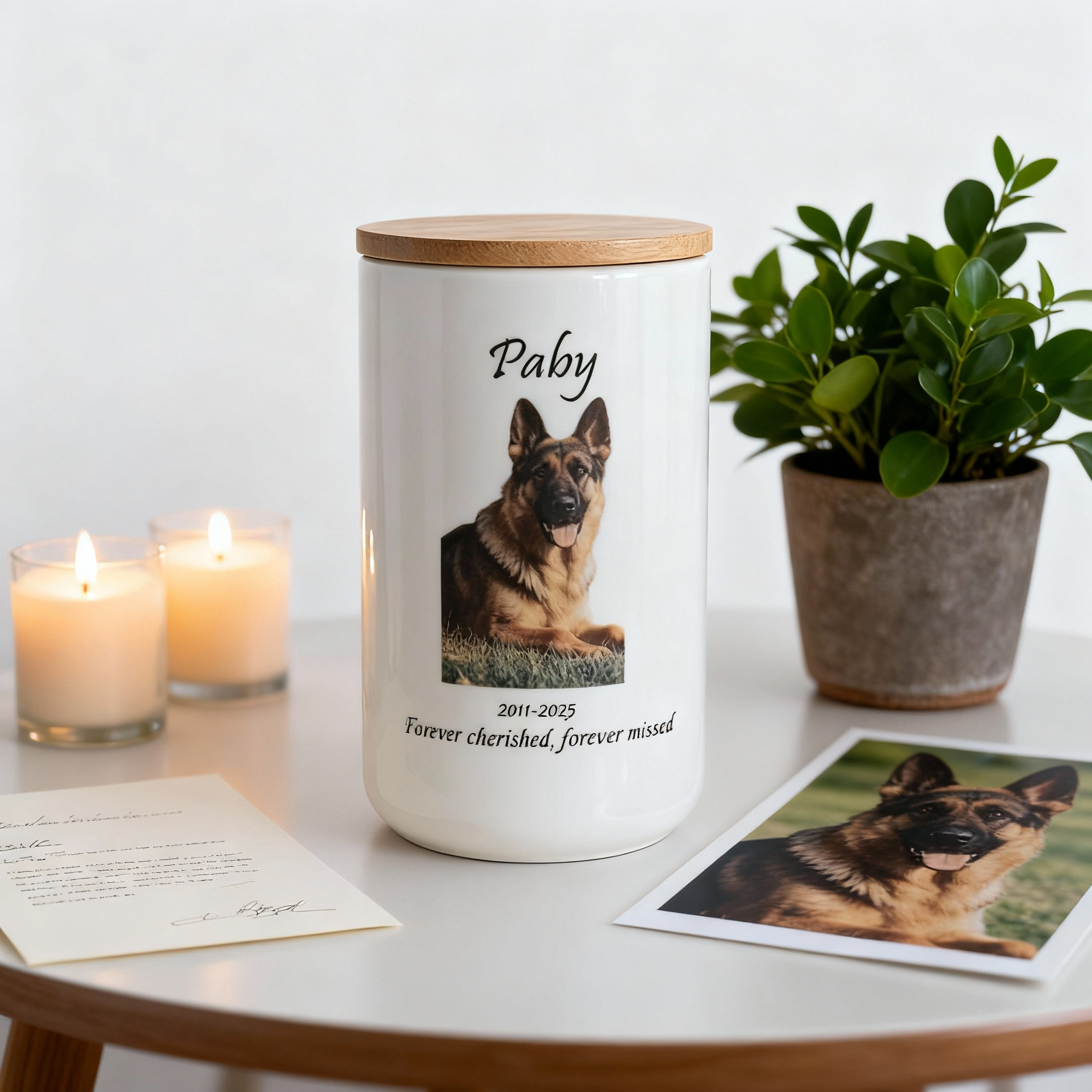 Custom Personalized Pet Urn for Ashes - Ceramic Memorial Urn with Custom Photo, Name & Date, Bamboo Lid Sealed Cremation Keepsake for Beloved Dogs/Cats