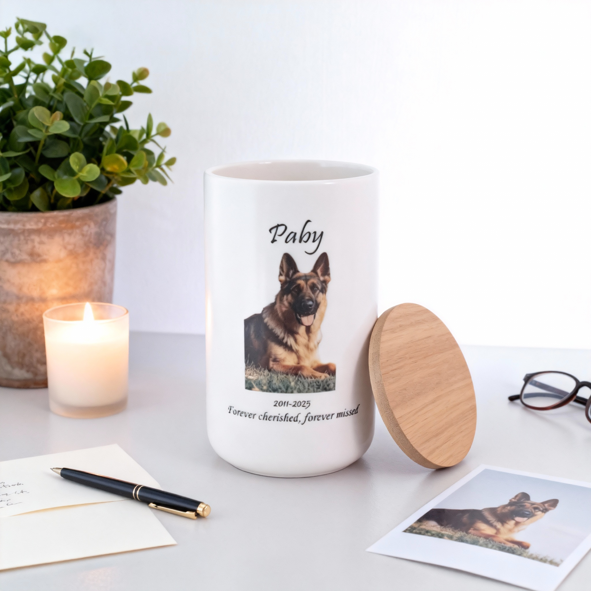 Custom Personalized Pet Urn for Ashes - Ceramic Memorial Urn with Custom Photo, Name & Date, Bamboo Lid Sealed Cremation Keepsake for Beloved Dogs/Cats