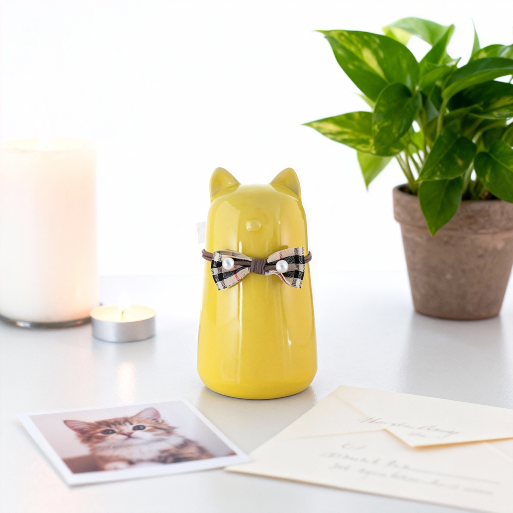 Ceramic Cat Pet Urn for Ashes - Cute Yellow Cat Shape with Plaid Bowtie Accent, Dignified Memorial Keepsake for Small Cats, Decorative Pet Cremation Urn for Home Display