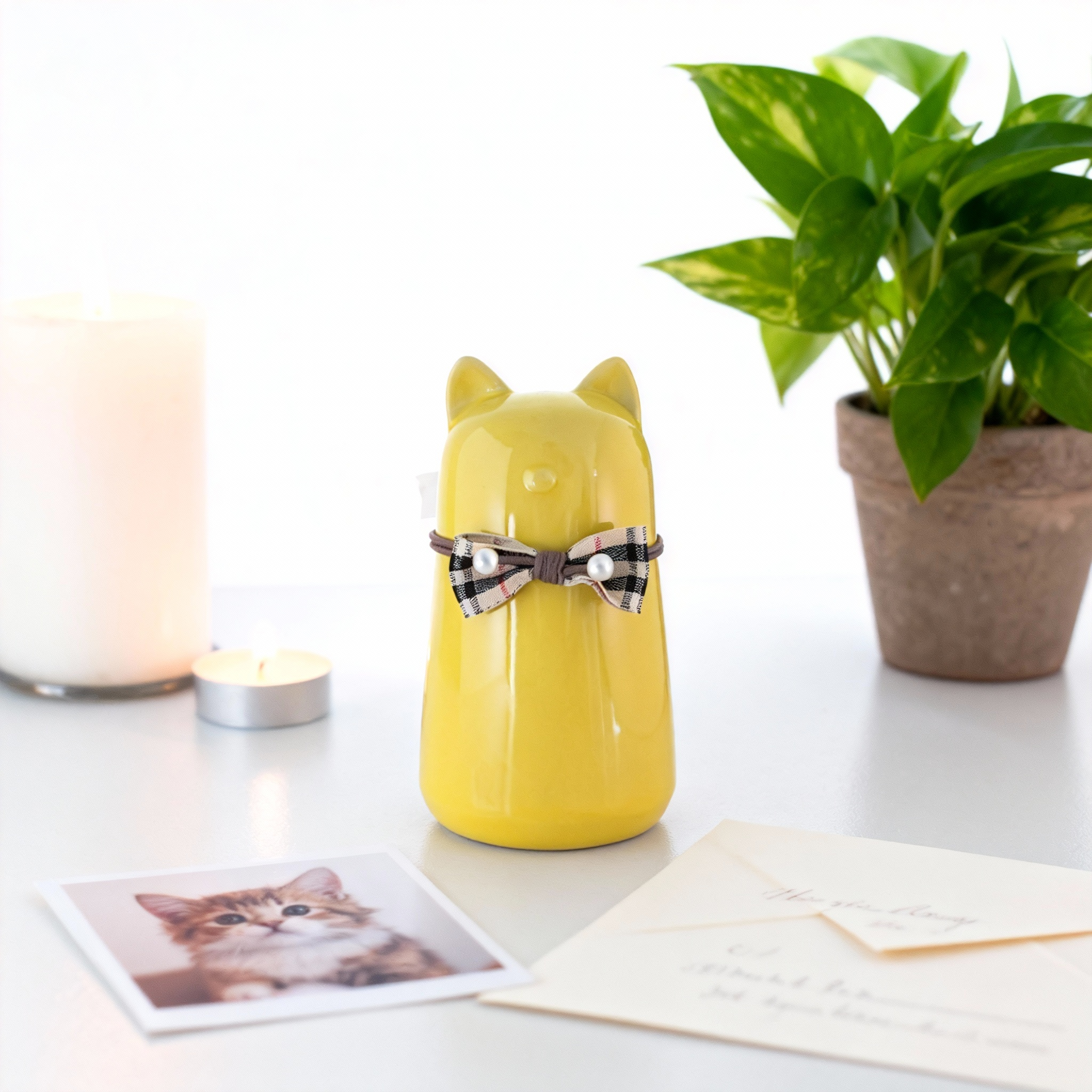 Ceramic Cat Pet Urn for Ashes - Cute Yellow Cat Shape with Plaid Bowtie Accent, Dignified Memorial Keepsake for Small Cats, Decorative Pet Cremation Urn for Home Display