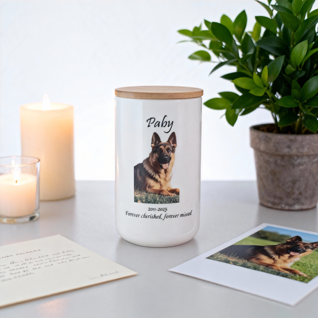 Custom Personalized Pet Urn for Ashes - Ceramic Memorial Urn with Custom Photo, Name & Date, Bamboo Lid Sealed Cremation Keepsake for Beloved Dogs/Cats