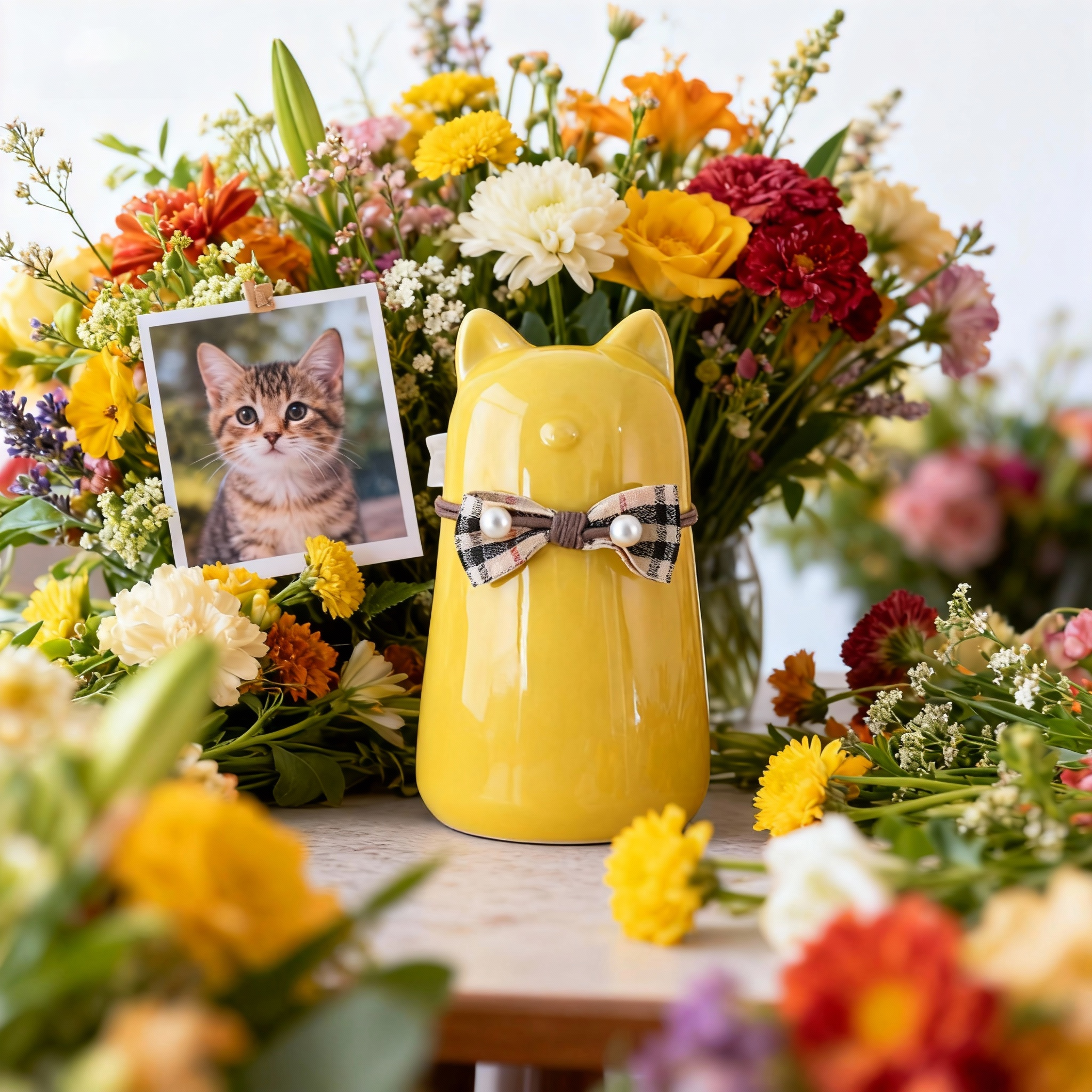 Ceramic Cat Pet Urn for Ashes - Cute Yellow Cat Shape with Plaid Bowtie Accent, Dignified Memorial Keepsake for Small Cats, Decorative Pet Cremation Urn for Home Display