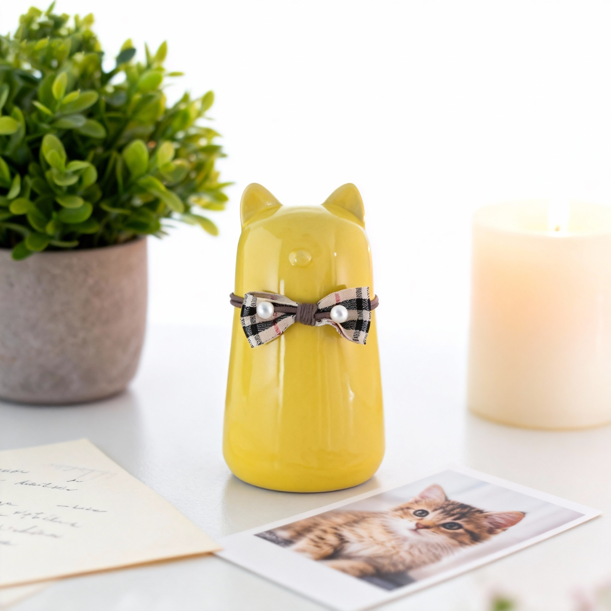 Ceramic Cat Pet Urn for Ashes - Cute Yellow Cat Shape with Plaid Bowtie Accent, Dignified Memorial Keepsake for Small Cats, Decorative Pet Cremation Urn for Home Display