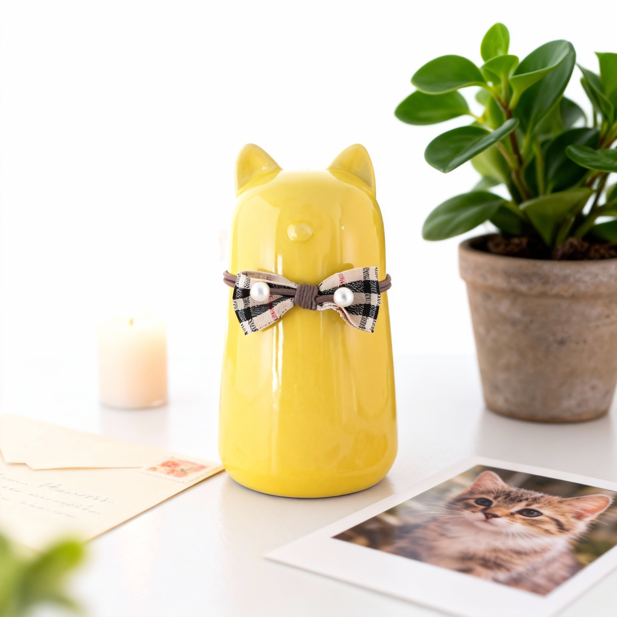 Ceramic Cat Pet Urn for Ashes - Cute Yellow Cat Shape with Plaid Bowtie Accent, Dignified Memorial Keepsake for Small Cats, Decorative Pet Cremation Urn for Home Display