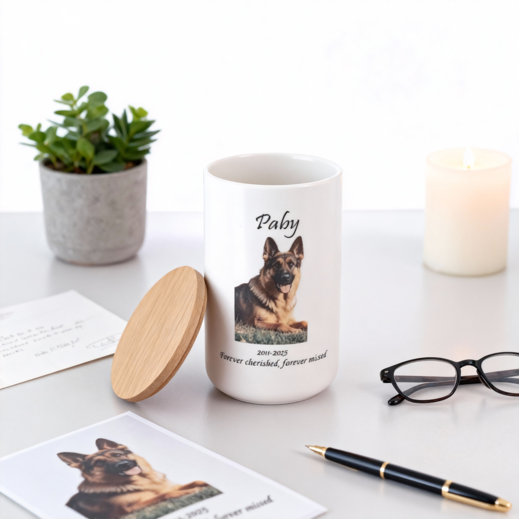 Custom Personalized Pet Urn for Ashes - Ceramic Memorial Urn with Custom Photo, Name & Date, Bamboo Lid Sealed Cremation Keepsake for Beloved Dogs/Cats