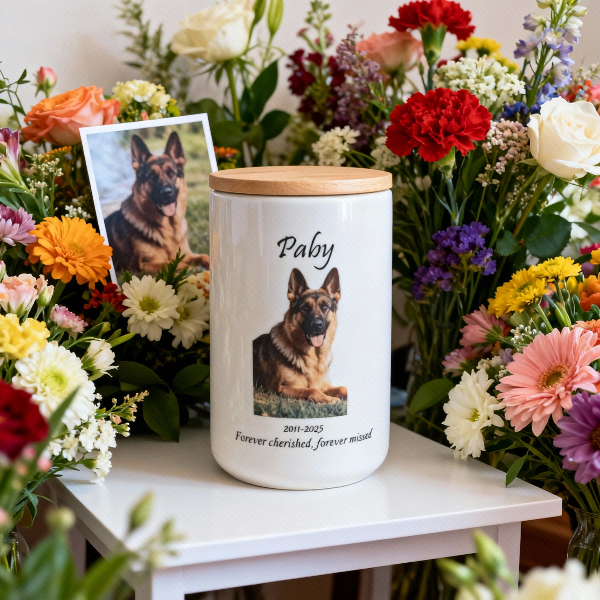 Custom Personalized Pet Urn for Ashes - Ceramic Memorial Urn with Custom Photo, Name & Date, Bamboo Lid Sealed Cremation Keepsake for Beloved Dogs/Cats