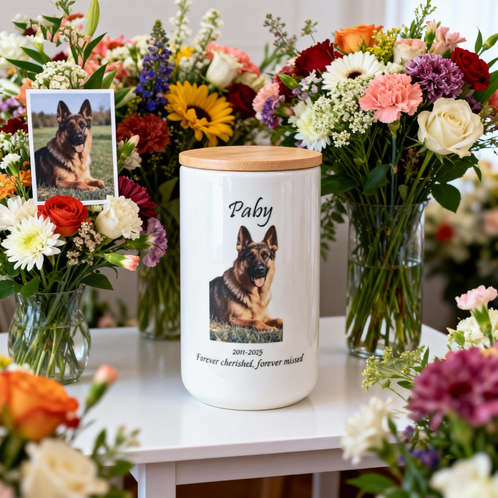 Custom Personalized Pet Urn for Ashes - Ceramic Memorial Urn with Custom Photo, Name & Date, Bamboo Lid Sealed Cremation Keepsake for Beloved Dogs/Cats