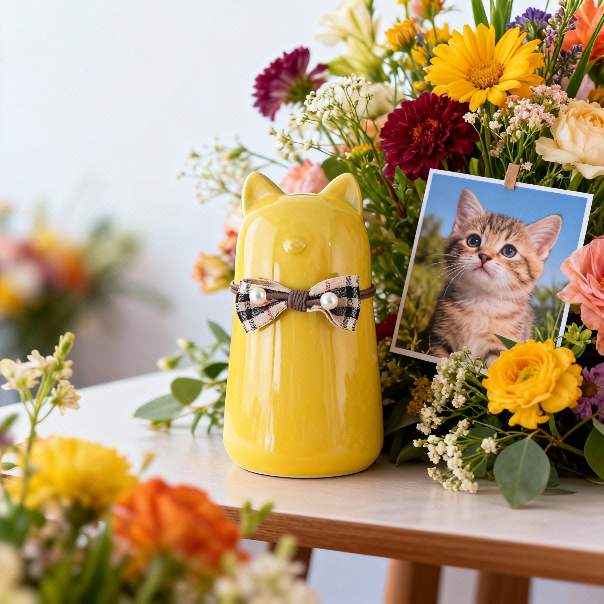 Ceramic Cat Pet Urn for Ashes - Cute Yellow Cat Shape with Plaid Bowtie Accent, Dignified Memorial Keepsake for Small Cats, Decorative Pet Cremation Urn for Home Display
