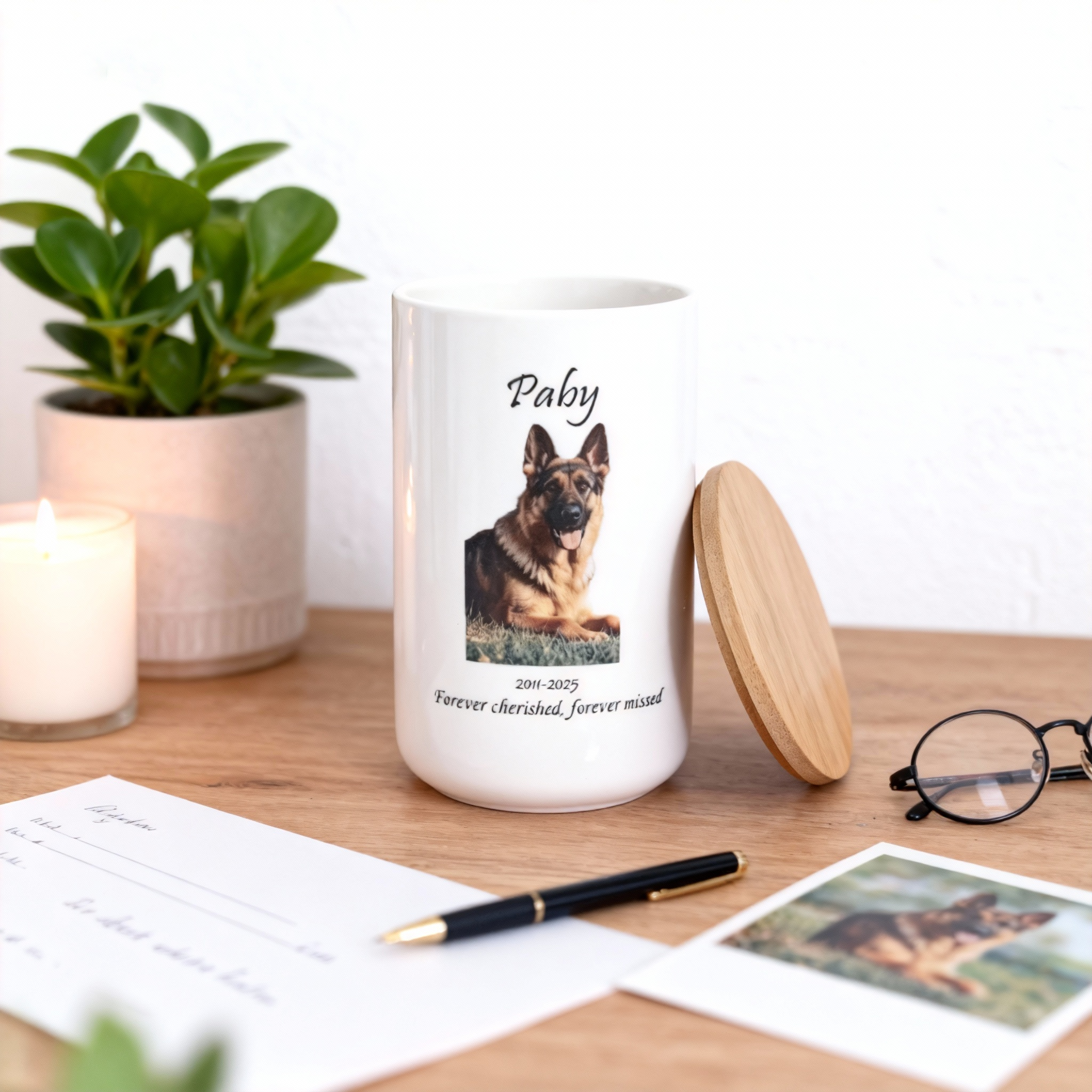 Custom Personalized Pet Urn for Ashes - Ceramic Memorial Urn with Custom Photo, Name & Date, Bamboo Lid Sealed Cremation Keepsake for Beloved Dogs/Cats