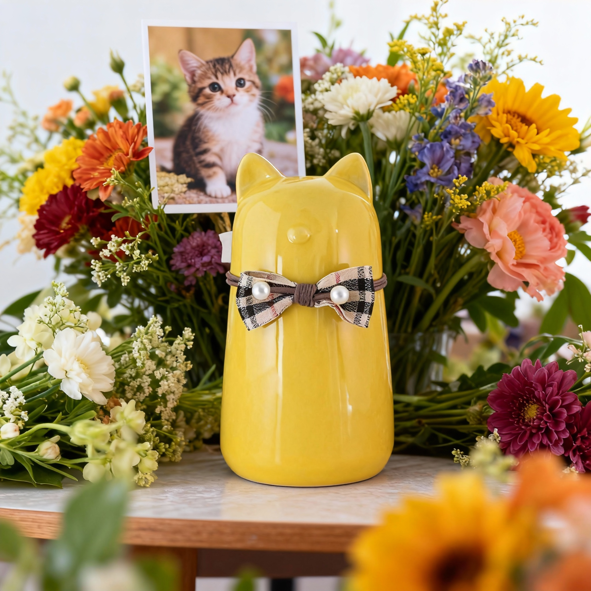 Ceramic Cat Pet Urn for Ashes - Cute Yellow Cat Shape with Plaid Bowtie Accent, Dignified Memorial Keepsake for Small Cats, Decorative Pet Cremation Urn for Home Display