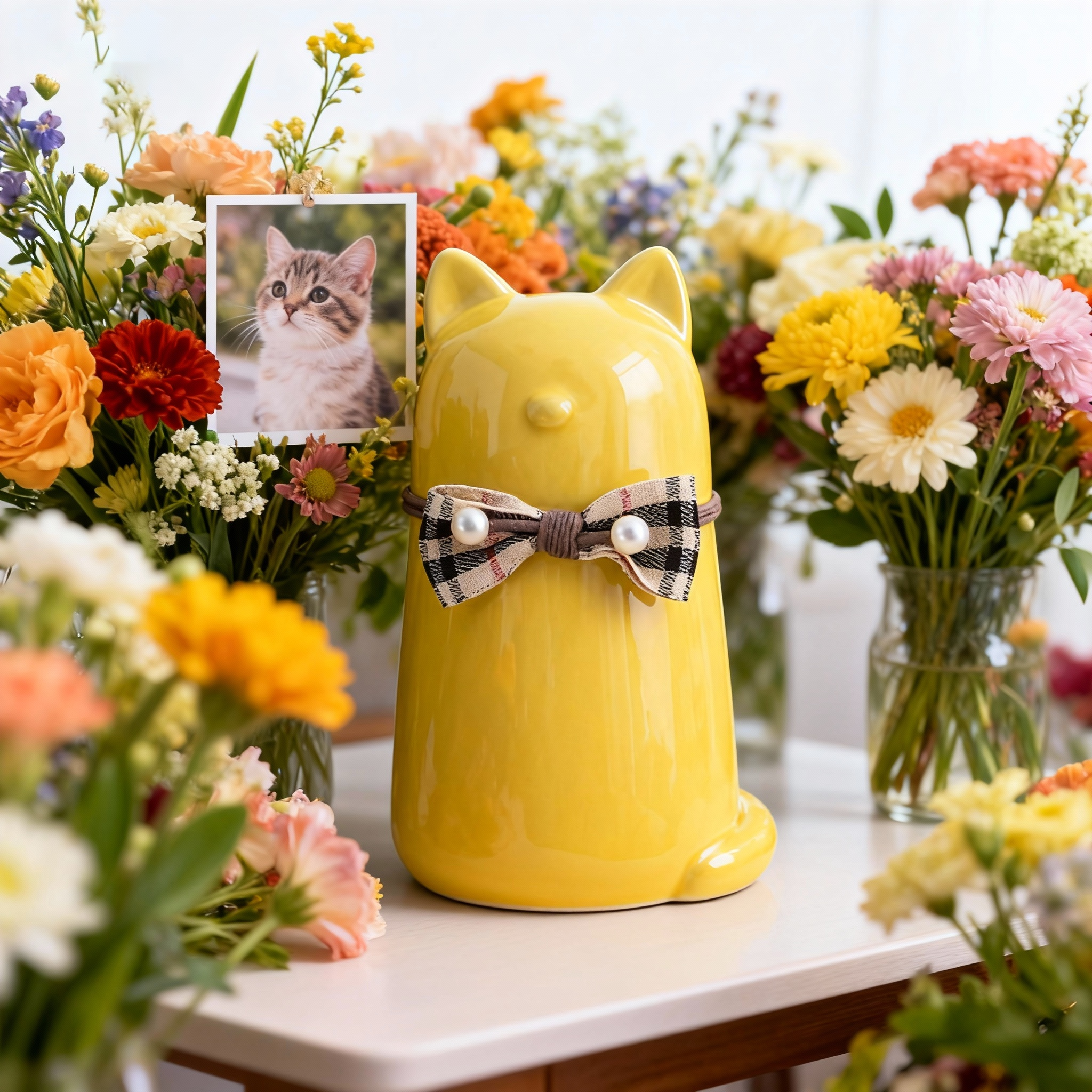 Ceramic Cat Pet Urn for Ashes - Cute Yellow Cat Shape with Plaid Bowtie Accent, Dignified Memorial Keepsake for Small Cats, Decorative Pet Cremation Urn for Home Display