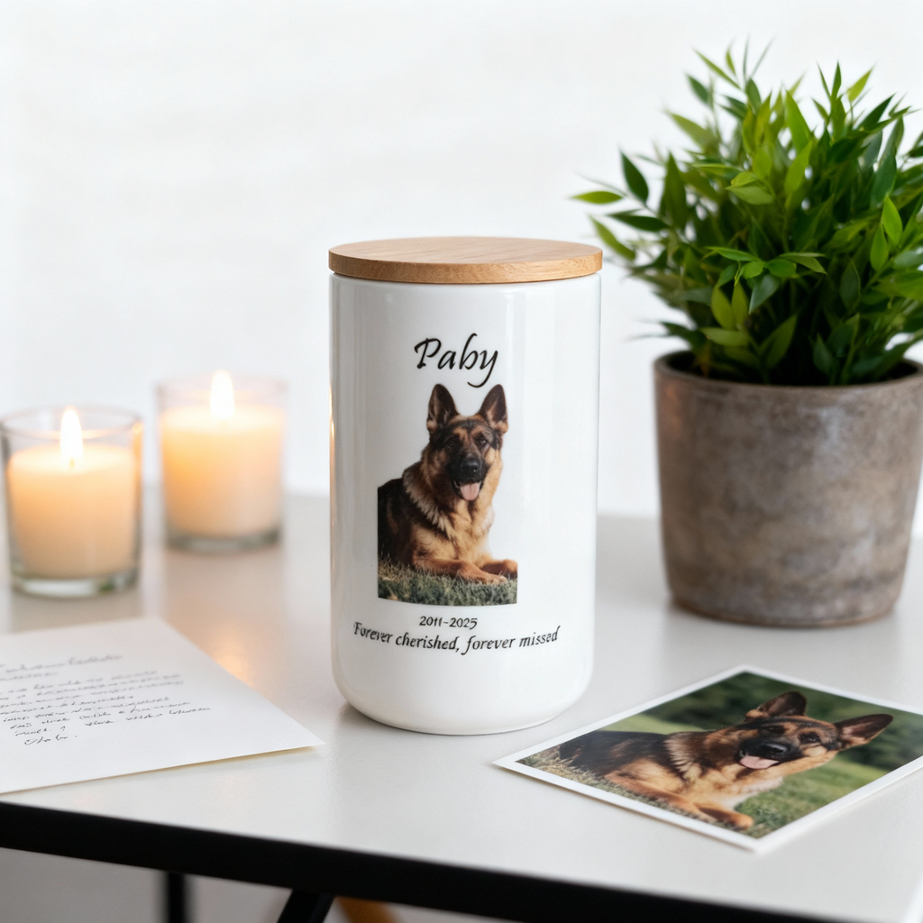 Custom Personalized Pet Urn for Ashes - Ceramic Memorial Urn with Custom Photo, Name & Date, Bamboo Lid Sealed Cremation Keepsake for Beloved Dogs/Cats