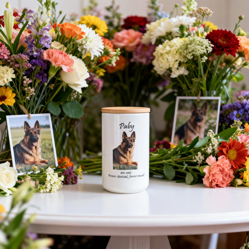 Custom Personalized Pet Urn for Ashes - Ceramic Memorial Urn with Custom Photo, Name & Date, Bamboo Lid Sealed Cremation Keepsake for Beloved Dogs/Cats