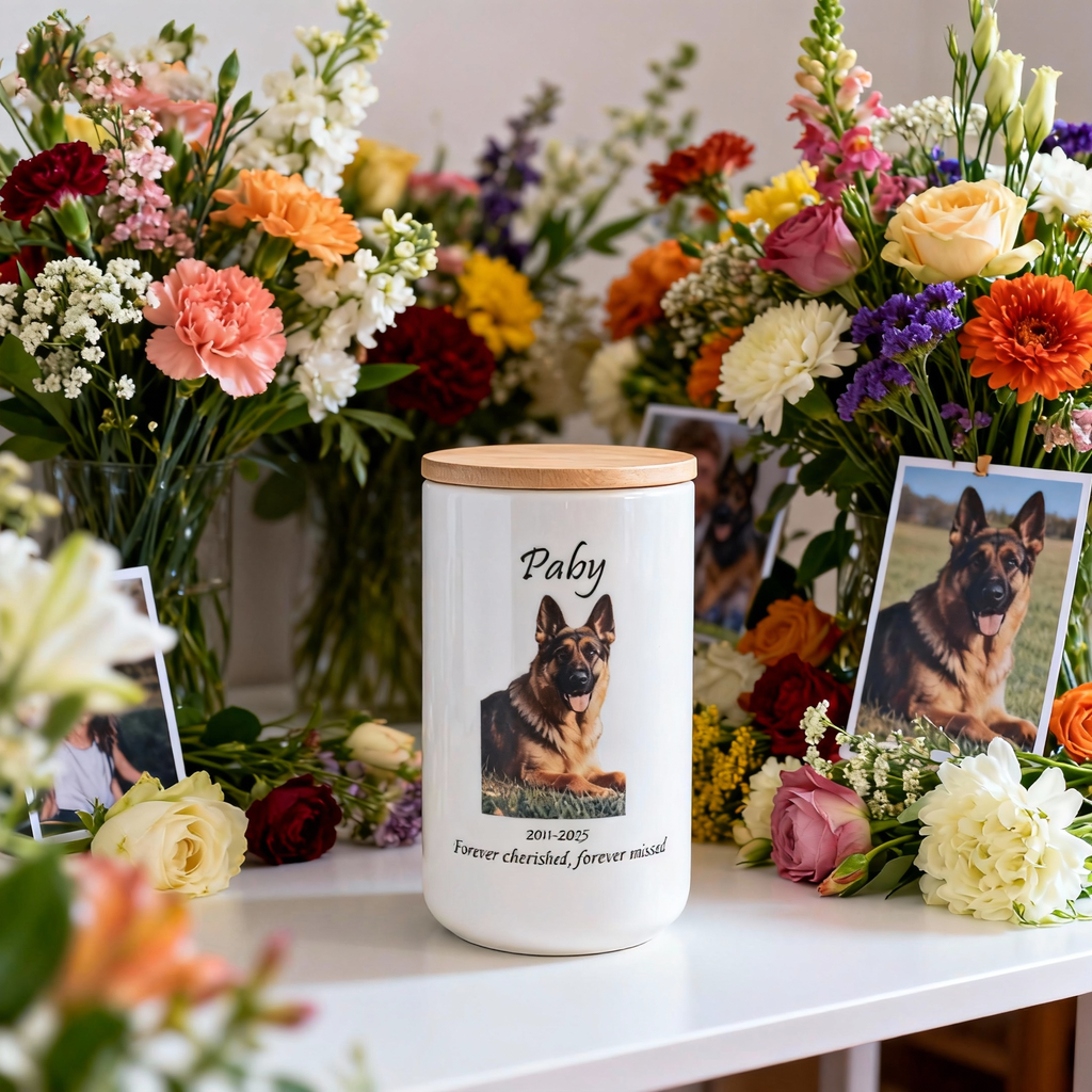 Custom Personalized Pet Urn for Ashes - Ceramic Memorial Urn with Custom Photo, Name & Date, Bamboo Lid Sealed Cremation Keepsake for Beloved Dogs/Cats