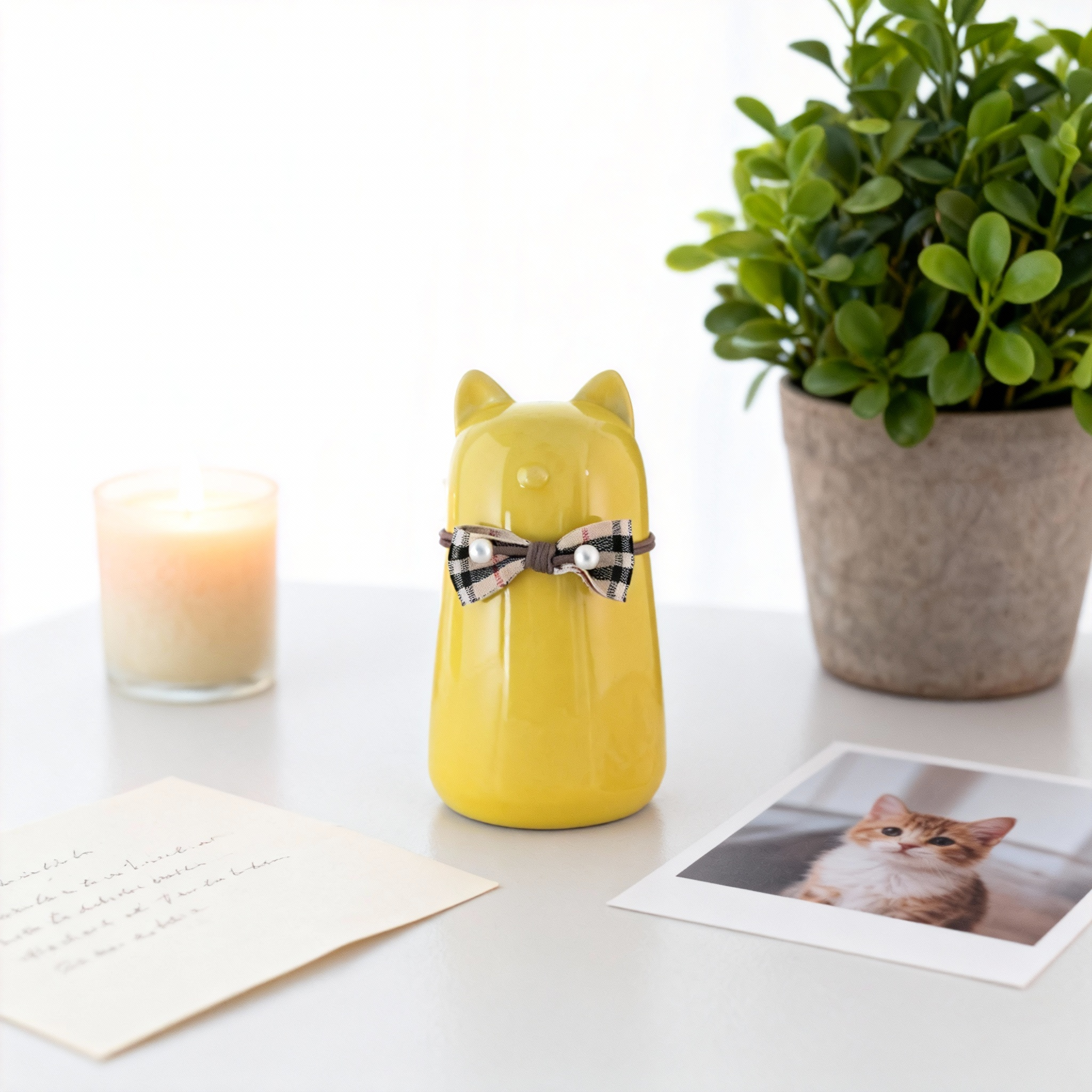 Ceramic Cat Pet Urn for Ashes - Cute Yellow Cat Shape with Plaid Bowtie Accent, Dignified Memorial Keepsake for Small Cats, Decorative Pet Cremation Urn for Home Display