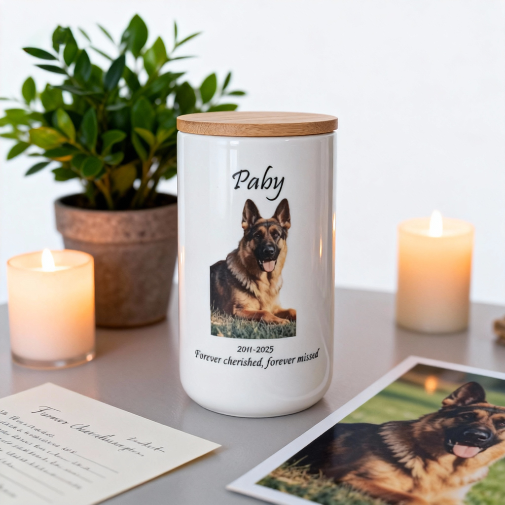 Custom Personalized Pet Urn for Ashes - Ceramic Memorial Urn with Custom Photo, Name & Date, Bamboo Lid Sealed Cremation Keepsake for Beloved Dogs/Cats